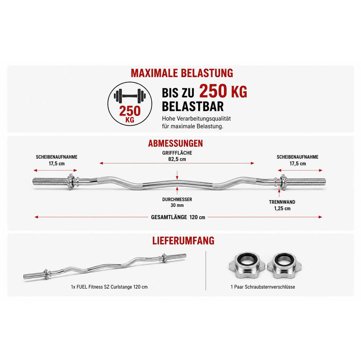 FUEL Fitness SZ Curlstange 120cm inkl. Verschlüsse